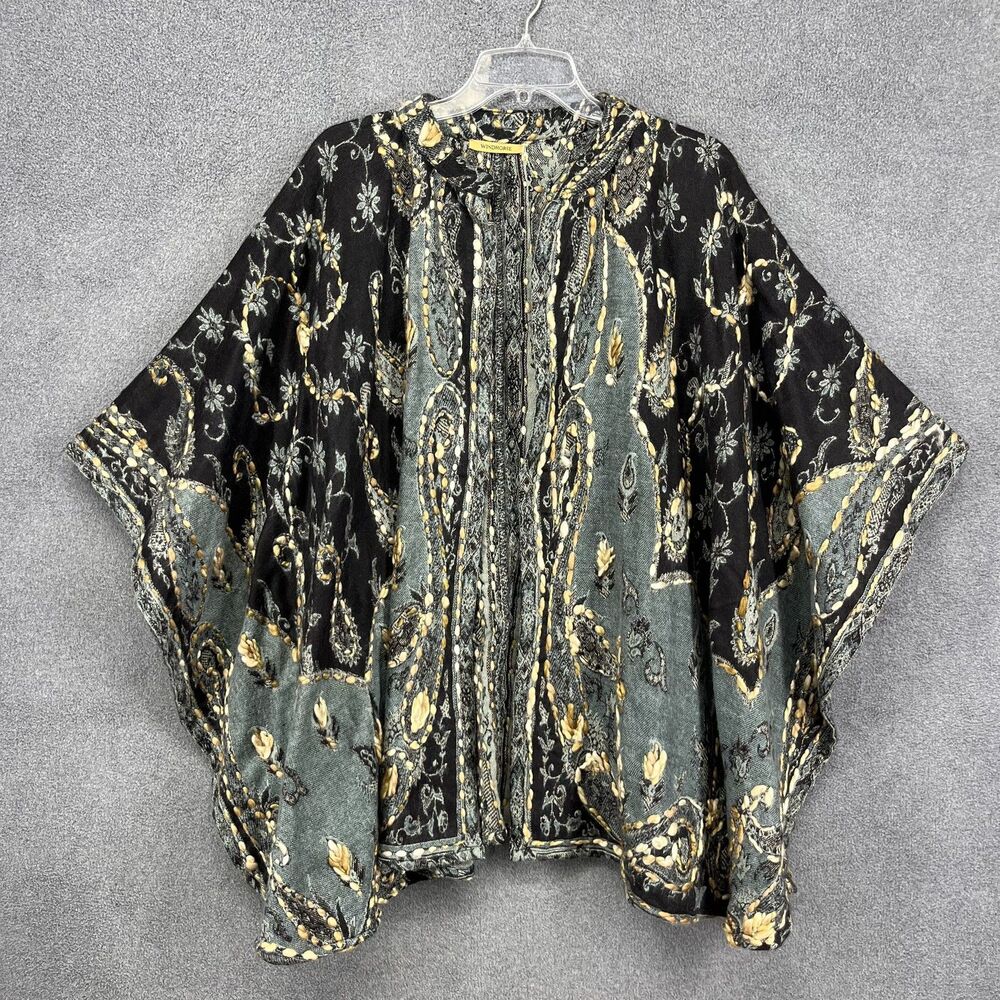 Windhorse Poncho Womens Paisley Floral Boho Embroidered Wool Blend Jacket‎